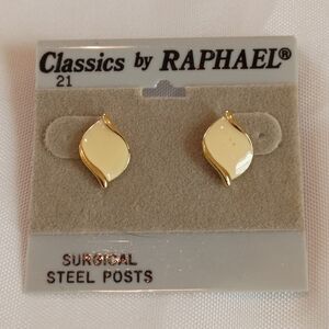 Gold Tone Leaf Petal Stud Earrings Cream Enamel Minimalist Floral Jewelry